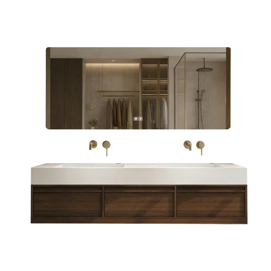 360Home Badmöbel Set mit Sinterstein Doppelwaschbecken und Spiegelschrank in Braun Matt, B/T/H: 140 x 55 x 25 cm - Bild 2
