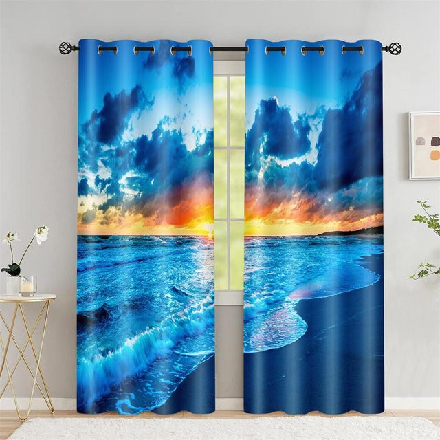 Yiran Furniture Verdunkelungsvorhang Hawaiianische Strandszene mit Kokospalmen und Küstenmotiv, Blau, 2er-Set, B: 50 cm, H: 60 cm - Bild 1