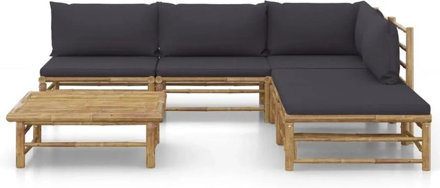vidaXL 6-tlg Garten-Lounge-Set aus Bambus mit grauen Polstern und Ottoman in L-Form - Bild 1