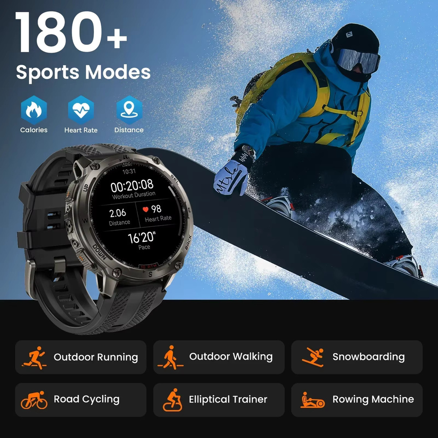 KOSPET Tank T4 Robuste Herren-Smartwatch in Schwarz und Silber mit 32 GB Speicher, GPS, Herzfrequenzmessung und 10 ATM Wasserdichtigkeit - Bild 4
