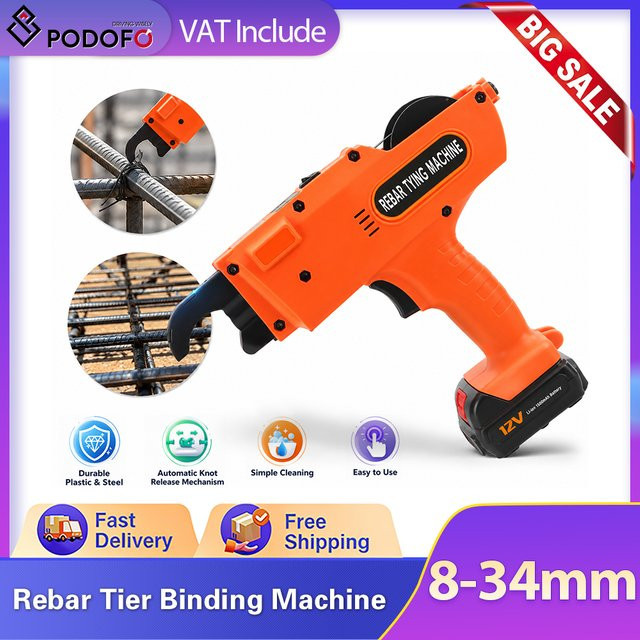 Podofo Automatische Bewehrungsbindemaschine 12V Orange, Kabellose Elektrische Bewehrungsbinderpistole mit 2 Akkus und einstellbarer Spannkraft für 8-34mm Stahlstäbe - Bild 1