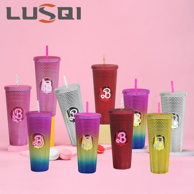LUSQI Kreativ-Wasserflasche Durian-Becher mit Strohhalm in Pink und Multicolour, tragbarer auslaufsicherer Becher mit großer Kapazität - Bild 1