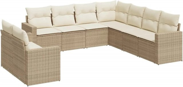 vidaXL 9-tlg. Garten-Sofagarnitur aus Poly-Rattan in Beige mit Kissen und pulverbeschichtetem Stahlgestell - Bild 1