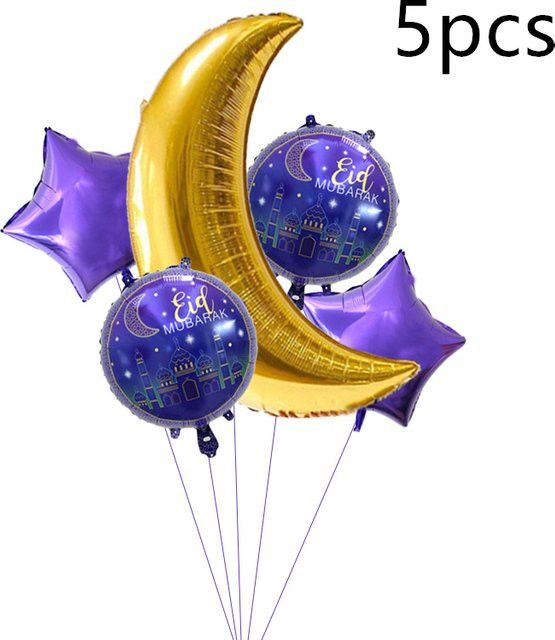 QIJOYJU 5-teiliges Luftballon-Set mit Mond und Stern für Ramadan Kareem, Eid Mubarak und Hajj Mubarak in Gold und Lila - Bild 1