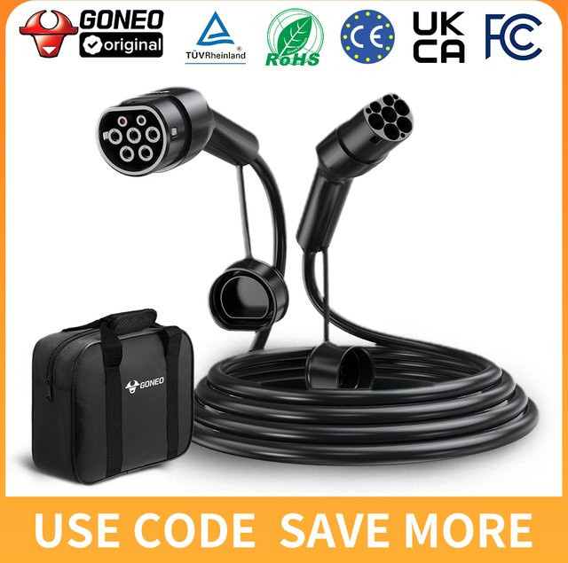 GONEO Typ 2 EV-Ladekabel Schwarz für europäische Elektrofahrzeuge, Modus 3, IP54 wasserdicht und robust - Bild 1
