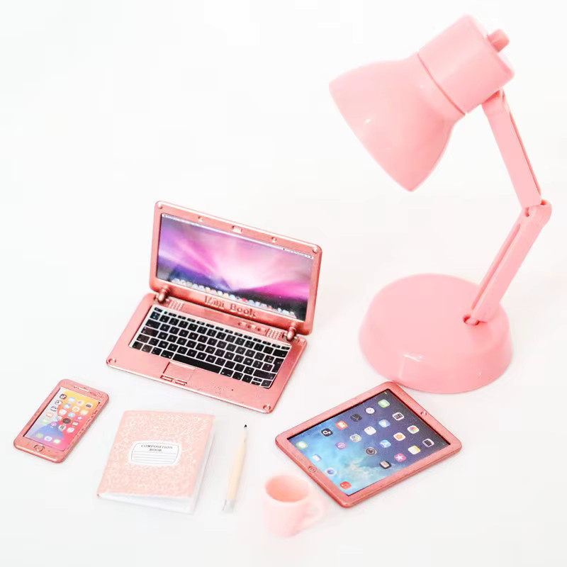SONGYI Puppenhaus Miniatur Büro Spielset, pink, 7-teiliges Set - Bild 2