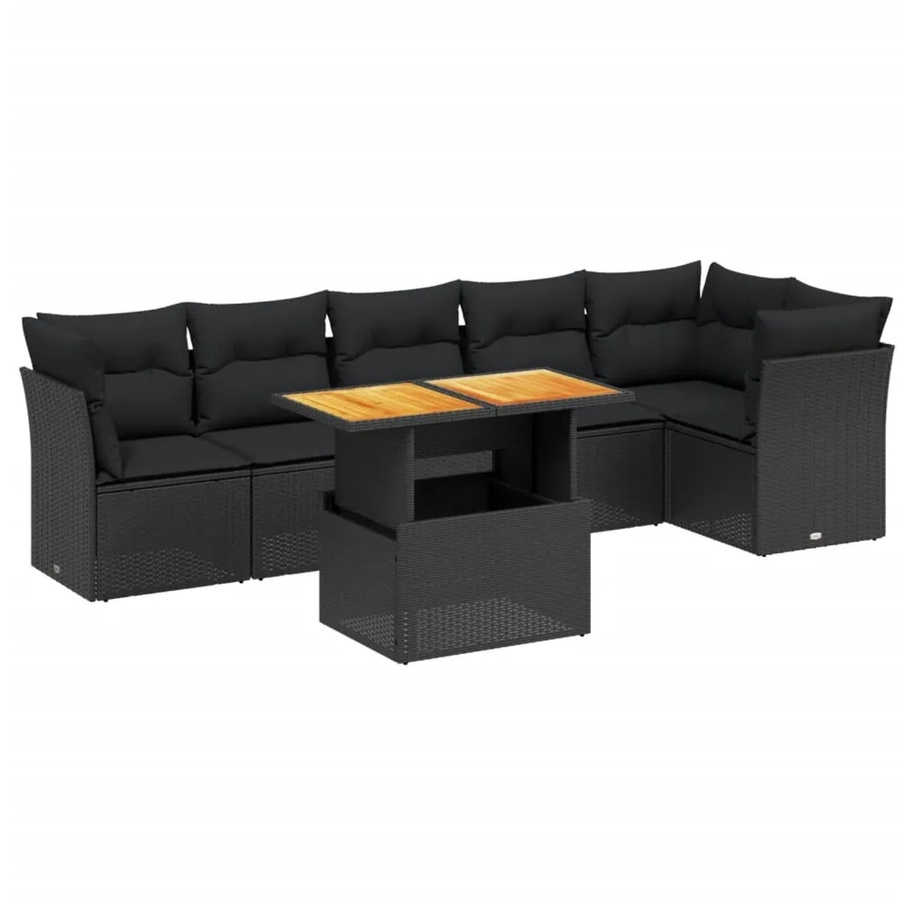 vidaXL 7-teilige Garten-Sofagarnitur in L-Form aus Polyrattan und Akazienholz mit Kissen, Schwarz - Bild 2