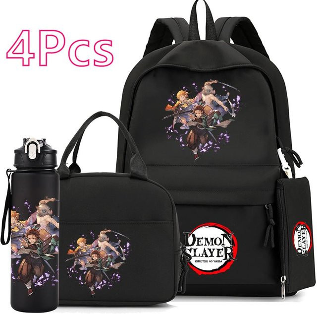 4er Set Anime Demon Slayer Schulset mit Rucksack, Federmäppchen, Trinkflasche und Handtasche in Schwarz - Bild 1