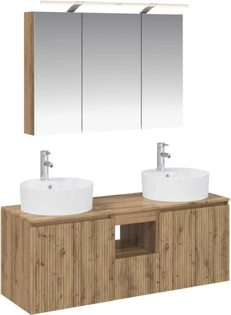 vidaXL Badezimmerschrank-Set 4-teilig in Artisan-Eiche, modern und matt, inklusive Waschtischunterschrank, Wandunterschrank, Spiegelschrank mit LED-Beleuchtung, Farbe: Braun - Bild 1