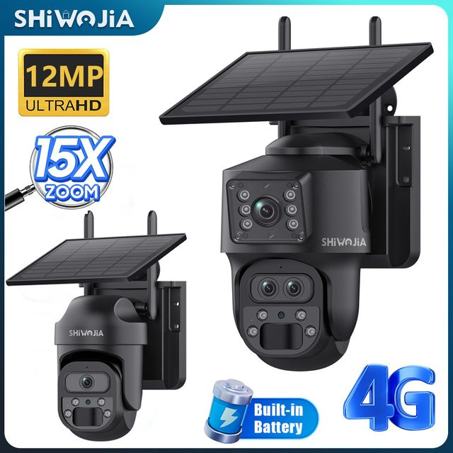 SHIWOJIA 4G Solarkamera mit 12 MP Dreiobjektiv, 15x Zoom, 360 Grad PTZ Outdoor Security Kamera mit 7800mAh Akku und 5W Solarpanel in Schwarz - Bild 1