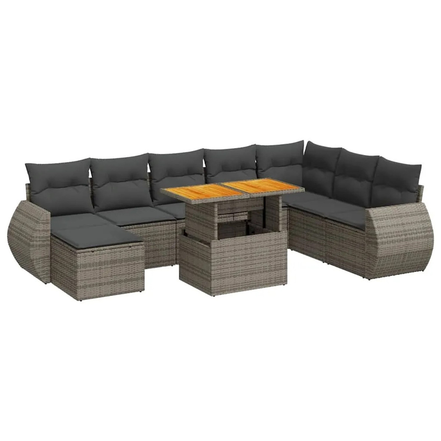 vidaXL 9-teilige Garten-Sofagarnitur in L-Form aus grauem Poly-Rattan mit Kissen und Akazienholz - Bild 2