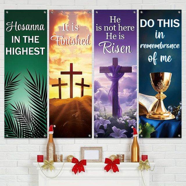 VIKAMA 4-teiliges Oster-Kirchen-Banner-Set, mehrfarbig, hängender Wand-Hintergrund für das Heiligtum - Bild 1