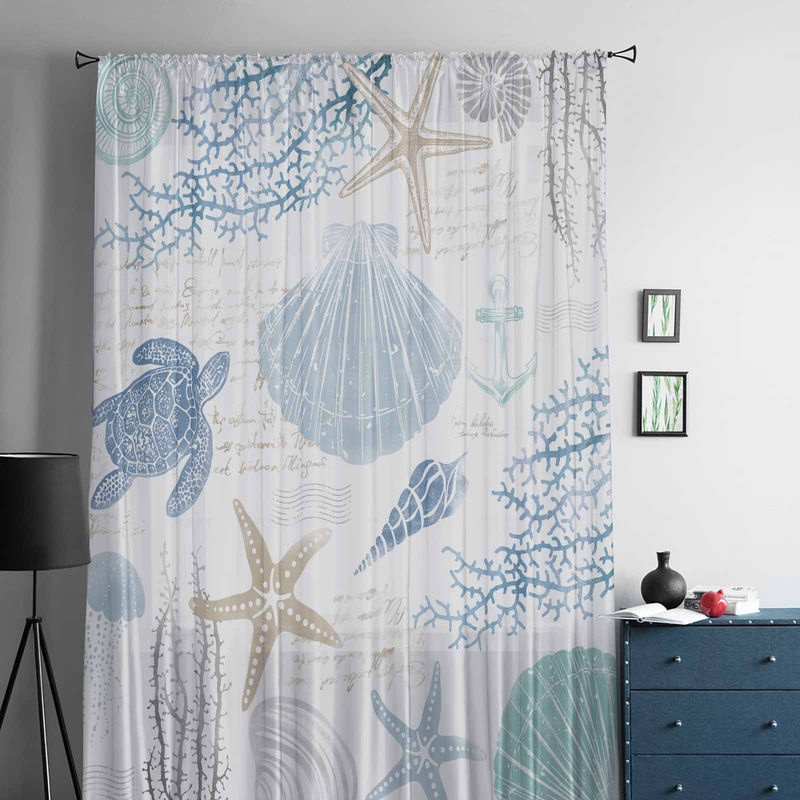 Transparente Tüll-Vorhänge Super Six mit maritimem Design in Blau, Breite: 135 cm, Höhe: 160 cm - Bild 2