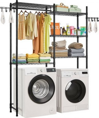 VEVOR Lagerregal für Waschmaschine und Trockner, 5-stufiges Wäscheregal aus Kohlenstoffstahl mit Kleiderstange und Haken, verstellbares Organizer-Gestell für den Waschraum, Schwarz, Breite: 147,0 cm, Höhe: 196,5 cm, Tiefe: 340,0 cm - Bild 1