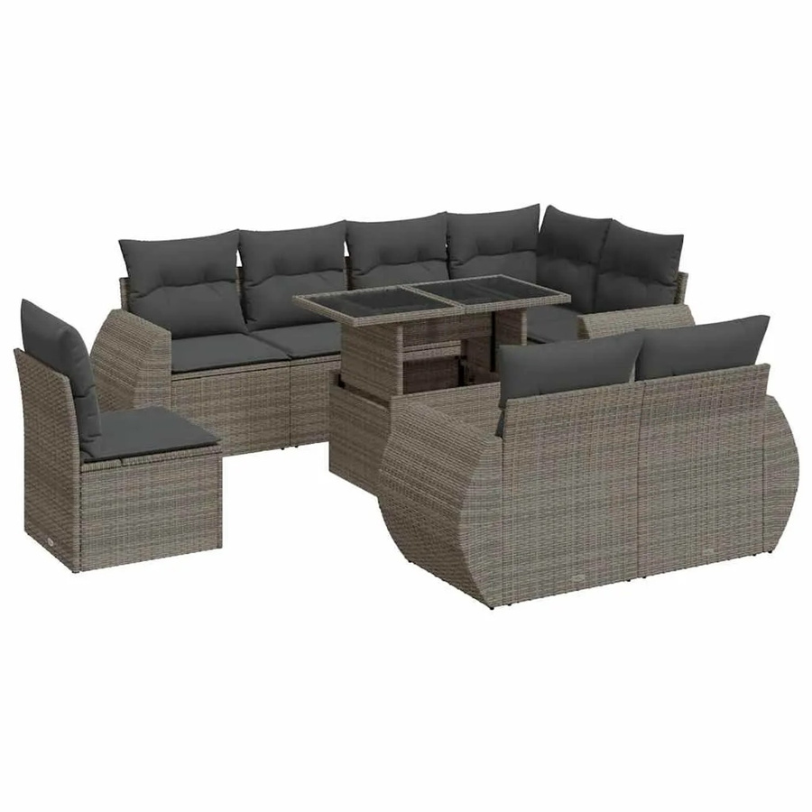 vidaXL 9-tlg. Garten-Sofagarnitur in L-Form aus grauem Poly-Rattan mit Kissen und pulverbeschichtetem Stahlgestell - Bild 2