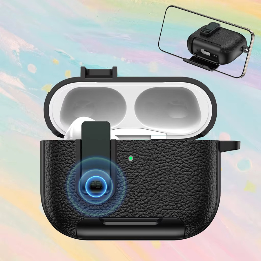 Stoßfeste Kopfhörerhülle für AirPods 4 Pro 2 Pro 3 mit Lederstruktur, Riegelschalter und Halterhaken in Schwarz oder Pink - Bild 4