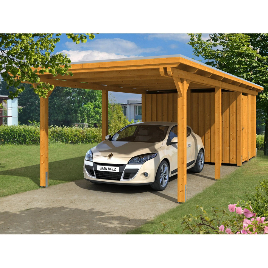 Skanholz Einzelcarport Emsland aus Leimholz Eiche hell mit Abstellraum, B/T: 354 x 846 cm, Firsthöhe: 238 cm, farbbehandelt braun - Bild 2