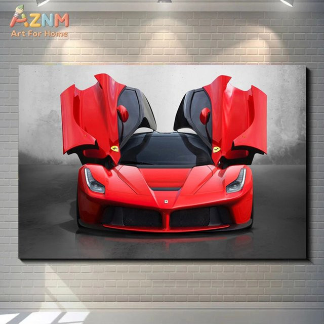 AZNM Rotes Ferrari LaFerrari Leinwandbild von Rastar, Moderne Rennwagen-Kunst mit Butterfly-Türen als Textildruck für deine Wand - Bild 1