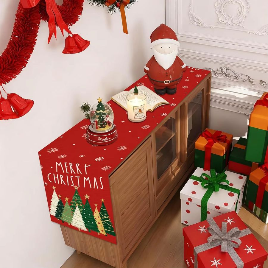 VIKAMA Tischläufer mit Weihnachtsbaum-Motiv in Rot für deine festliche Tischdekoration - Bild 2
