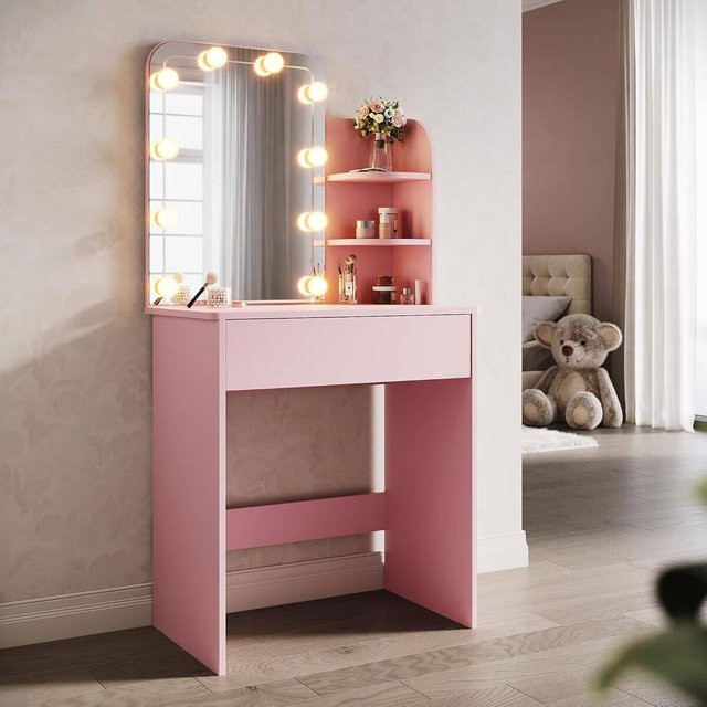 SONNI Schminktisch mit LED-Spiegel und Schubladen in Rosa, B/T/H: 70 x 40 x 140 cm - Bild 1