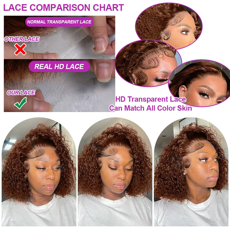 HJ WEAVE BEAUTY Deep Wave Lace Frontal Bob Perücke, Schokoladenbraun, Damen - Bild 4