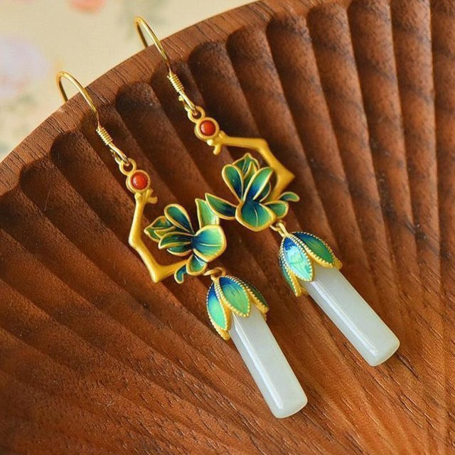YIRAN Jewelry Ohrringe, Natürliche Hotan Jade, Emaille Blume, Damen, brown - Bild 1