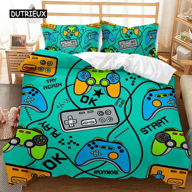 Gaming-Bettwäsche-Set mit Gamepad- und Headset-Design für Jungen und Teenager, 3-teilig aus Polyester, Farbe: Türkis, B/H: 155 x 215 cm - Bild 1