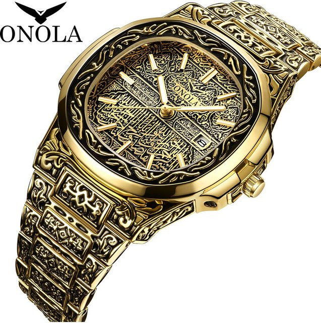 ONOLA Armbanduhr Quarz, Leder, Gold, Herren, Datum - Bild 1
