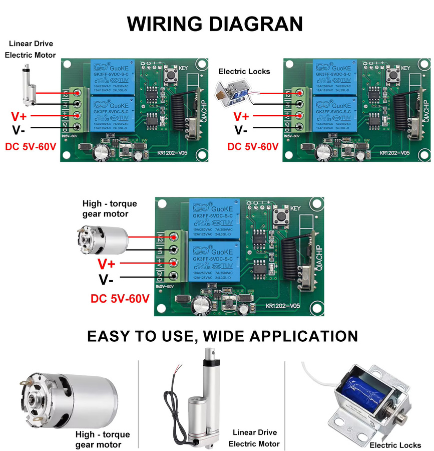 QIACHIP RF Motor Fernbedienung Schalter 433 MHz DC Relais Modul mit Vorwärts Rückwärts und Stop Funktionen für DIY-Projekte - Bild 2