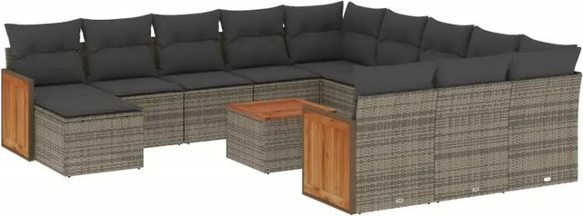 vidaXL 13-tlg. Garten-Sofagarnitur aus Poly-Rattan und Akazienholz in Grau mit Kissen - Bild 1