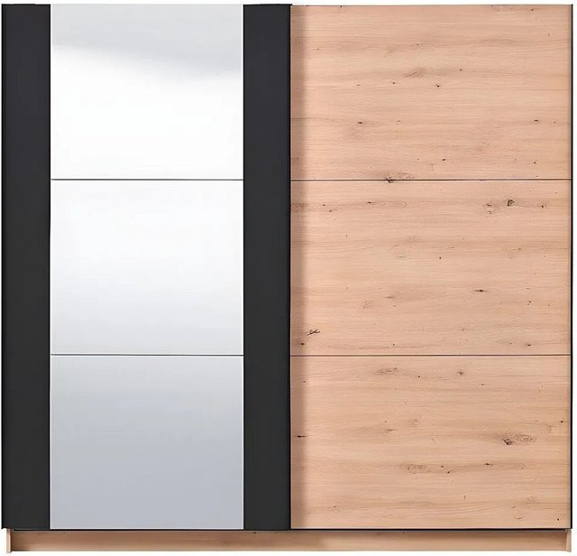 Vente-unique Kleiderschrank Philadelphie mit Schiebetüren und Spiegel, Eiche Natur und Schwarz, Breite: 217 cm - Bild 1