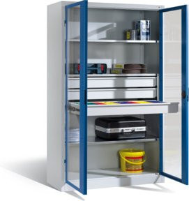 C+P Werkzeugschrank mit Sichtfenster-Drehtüren, 3 Böden, 3 Schubladen und Schloss, Front Lichtblau, Korpus Lichtgrau, H: 195,0 cm, B: 120,0 cm, T: 50,0 cm - Bild 1