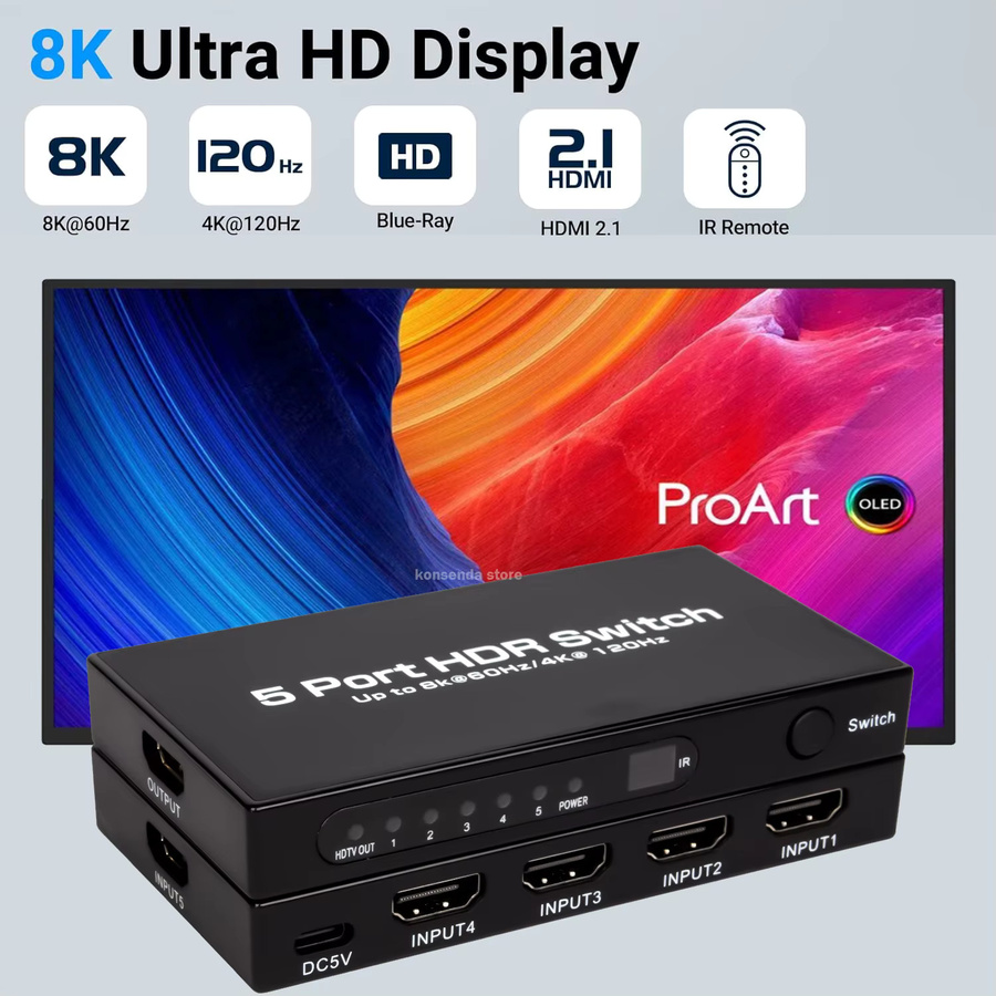 Konsenda HDMI 2.1 Switch 5 in 1 mit 8K@60Hz und 4K@120Hz, 48 Gbit/s, HDR und Fernbedienung, Schwarz - Bild 3