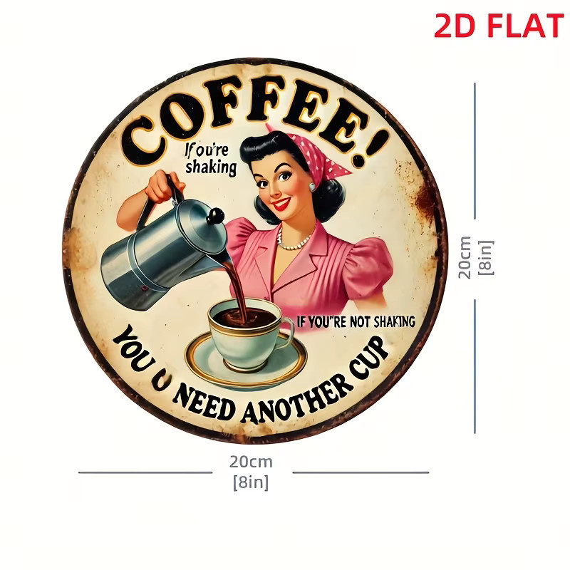 Potdemiel 2D Flat Wandkunst aus Metall im Vintage-Kaffee-Stil, rundes Retro-Dekor mit Barista-Design, Mehrfarbig, Durchmesser: 20 cm - Bild 3