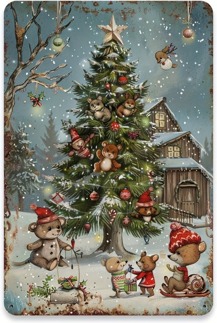 MINISO Vintage-Weihnachtsbaum-Metallschild mit Bär und Schneehaus in Mehrfarbig - Bild 1