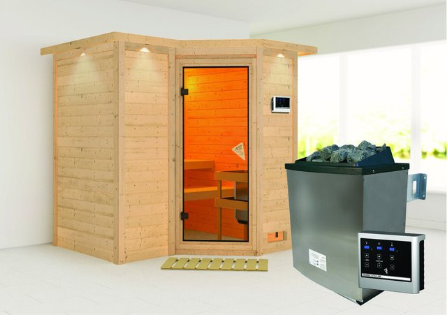 Karibu Massivholzsauna SAHIB 1 in Braun mit 9,0 kW Ofen, Steuergerät und Ganzglastür bronziert, B/T/H: 193 x 184 x 200 cm - Bild 1