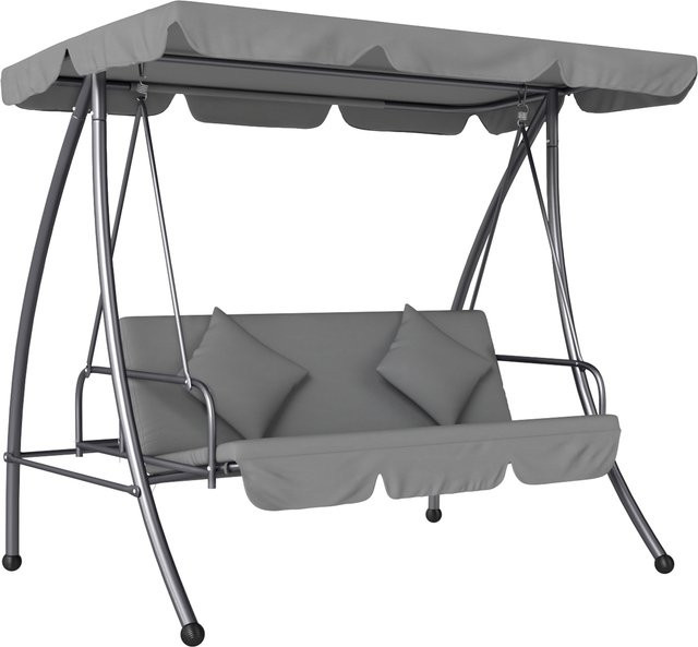 Outsunny Gartenschaukel 3-Sitzer von Aosom, umwandelbar zum Bett mit Sonnenverdeck und Matratzen, Schwarz und Hellgrau, B: 200 cm, T: 125 cm, H: 170 cm - Bild 1