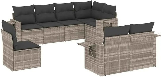 vidaXL 8-teilige Garten-Sofagarnitur in L-Form aus Poly-Rattan mit Kissen, Hellgrau - Bild 1
