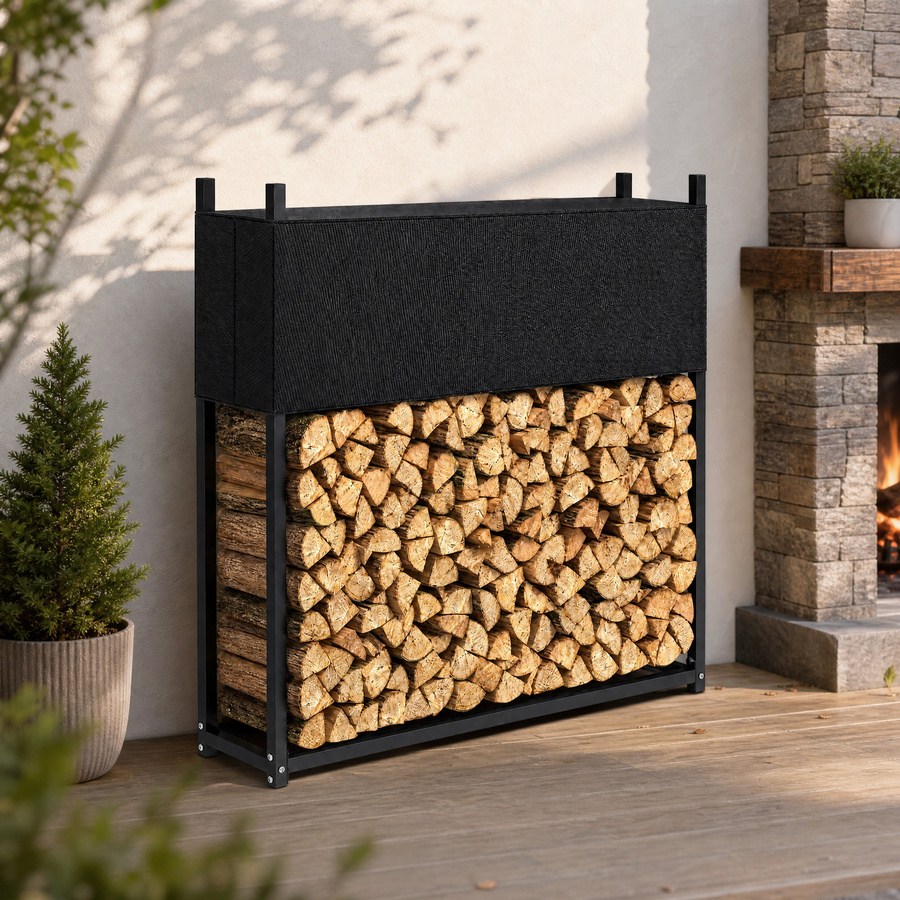 Outsunny Kaminholzregal Schwarz mit 600D-Oxford-Abdeckung und Stahlrahmen, B/T/H: 106 x 25 x 113 cm - Bild 2