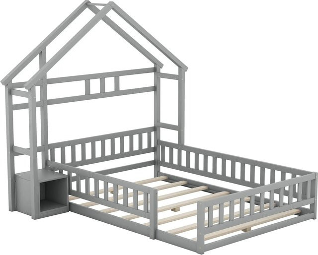 KOMHTOM Kinderbett Hausbett aus Kiefernholz mit Geländer und Nachttischen, Grau, B: 140 cm, H: 203 cm, T: 190 cm - Bild 1