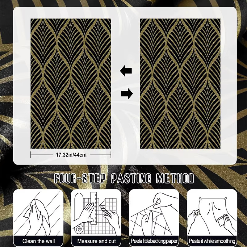 KALYNN Selbstklebende Tapete im Art-Deco-Stil mit geometrischem Muster in Schwarz-Gold, PVC-Wandaufkleber, Breite: 44 cm - Bild 5