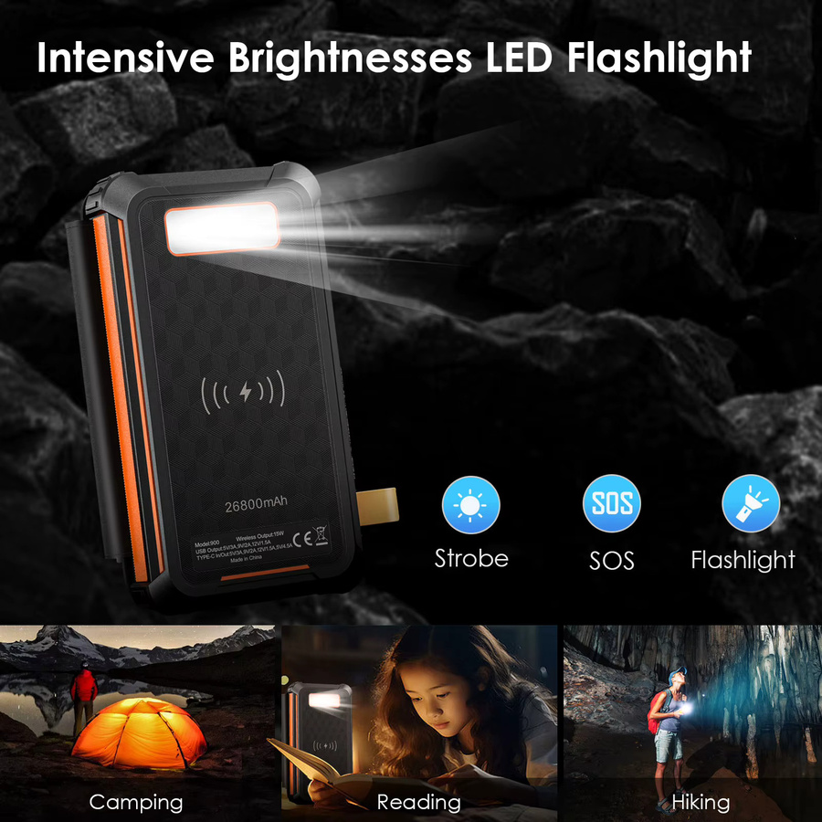 Solar-Powerbank 26800 mAh mit 4 Solarpanels und PD 22,5 W, kabelloses Solar-Ladegerät mit 3 Ausgängen, wasserdichter externer Akku für den Außenbereich in Schwarz oder Weiß - Bild 5