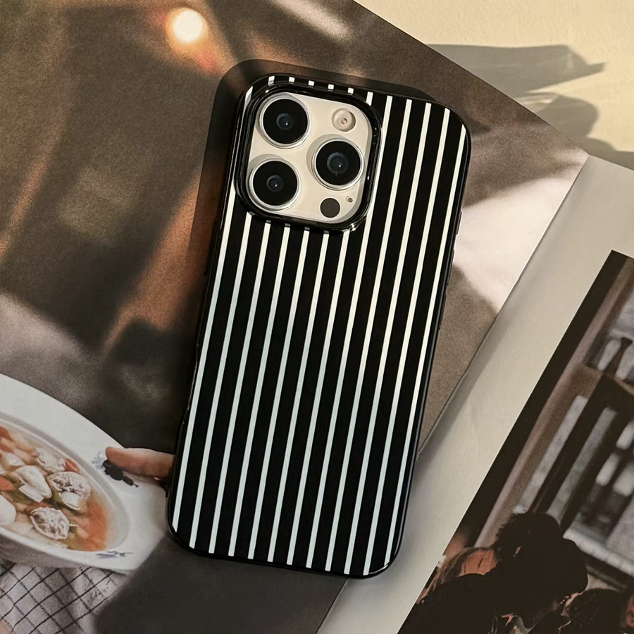 INS Handyhülle mit schwarz-weißem vertikalem Streifenmuster für iPhone 11 bis iPhone 16 Pro Max Plus, glänzend und stoßfest - Bild 4