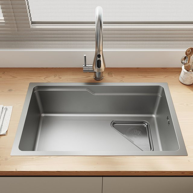 SONNI Küchenspüle aus 304 SUS Edelstahl als Einbauspüle mit 1 Becken, Wasserhahn, Abtropfkorb und Abfallsieb, B/T: 70 x 43 cm - Bild 1