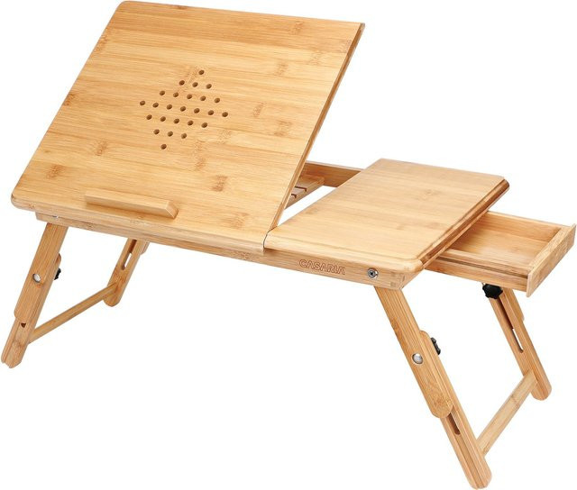 Casaria Laptoptisch aus Bambus in Braun mit höhenverstellbarer und neigbarer Tischplatte sowie Schublade, B/T/H: 55 x 28 x 35 cm - Bild 1