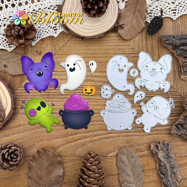 Metall Stanzformen für Scrapbooking und Prägung mit Halloween Motiv Fledermaus Geist und Voodoo Puppe in Silber - Bild 1