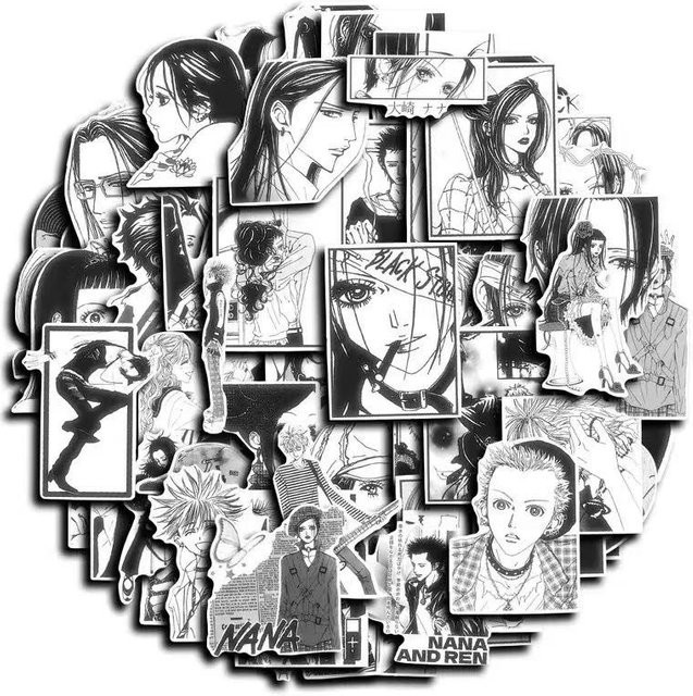 GOGOTU 64er Set Anime NANA Aufkleber in Schwarz und Weiß, wasserfeste PVC Graffiti Sticker zur DIY Dekoration für Laptop, Telefon und Schreibwaren - Bild 1