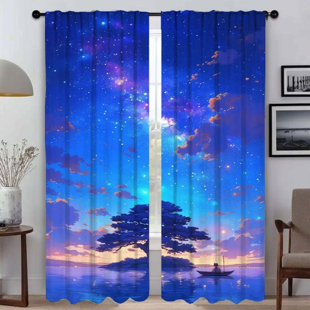2er-Set halbtransparente Küchenvorhänge mit Moskitonetzfunktion in Blau, moderne Raumteiler für Wohnzimmer und Küche, B: 50 cm, H: 70 cm - Bild 1