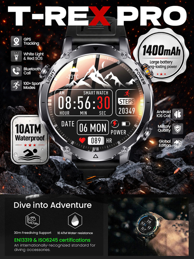 GUHUAVMI T-REX PRO Wander-GPS-Smartwatch für Herren mit 1,7 Zoll HD-Display, 10ATM Wasserdicht, Dual SOS LED-Taschenlampe und Bluetooth-Anruffunktion, Schwarz - Bild 7