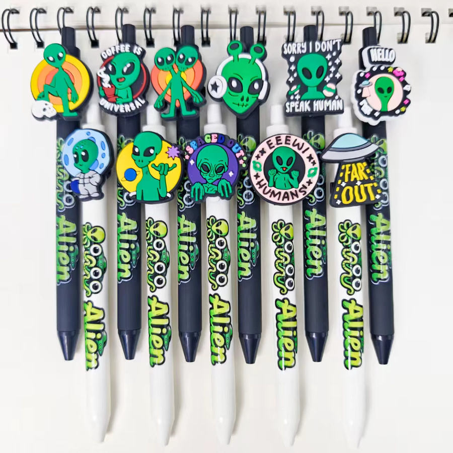 11 Stück grüne Kugelschreiber mit Alien-Motiv und kreativem Schriftdruck für Schule und Büro - Bild 2